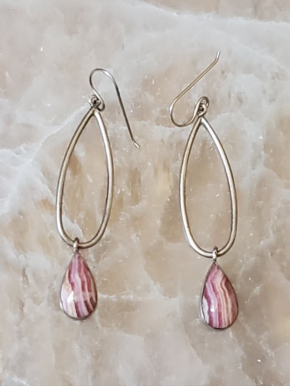 Rhodochrosite Drop Earrings - Navajo Silver